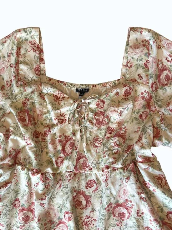Torrid Women’s 3 Floral Babydoll Top Tie Front Flutter Sleeve Cream Pink Green - Picture 2 of 12